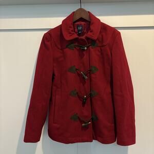 Gap Duffle Coat Womens Medium Red Wool Blend Toggle Lined Suede Trim Pockets